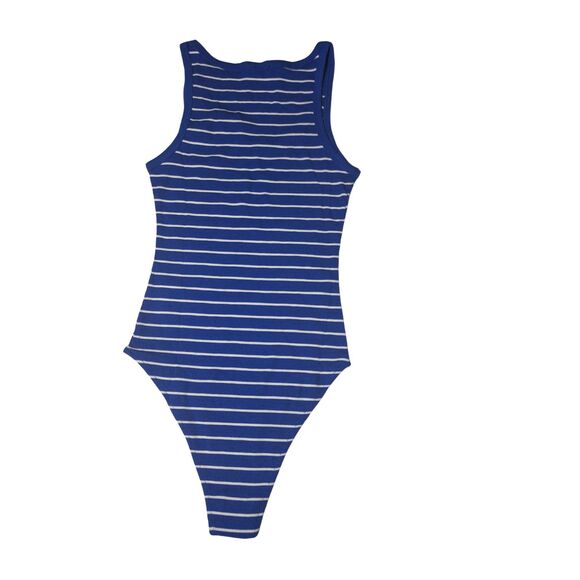 Ambiance Blue White Striped Tank Bodysuit Size Medium NWOT Snap Closure - Picture 2 of 2